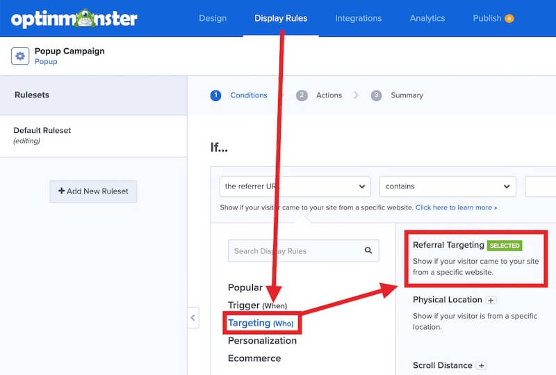 Referral Detection Display Rule in the OptinMonster Campaign builder