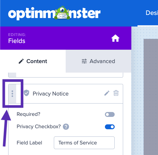 Reposition the Privacy Notice relative to other fields in your OptinMonster form.