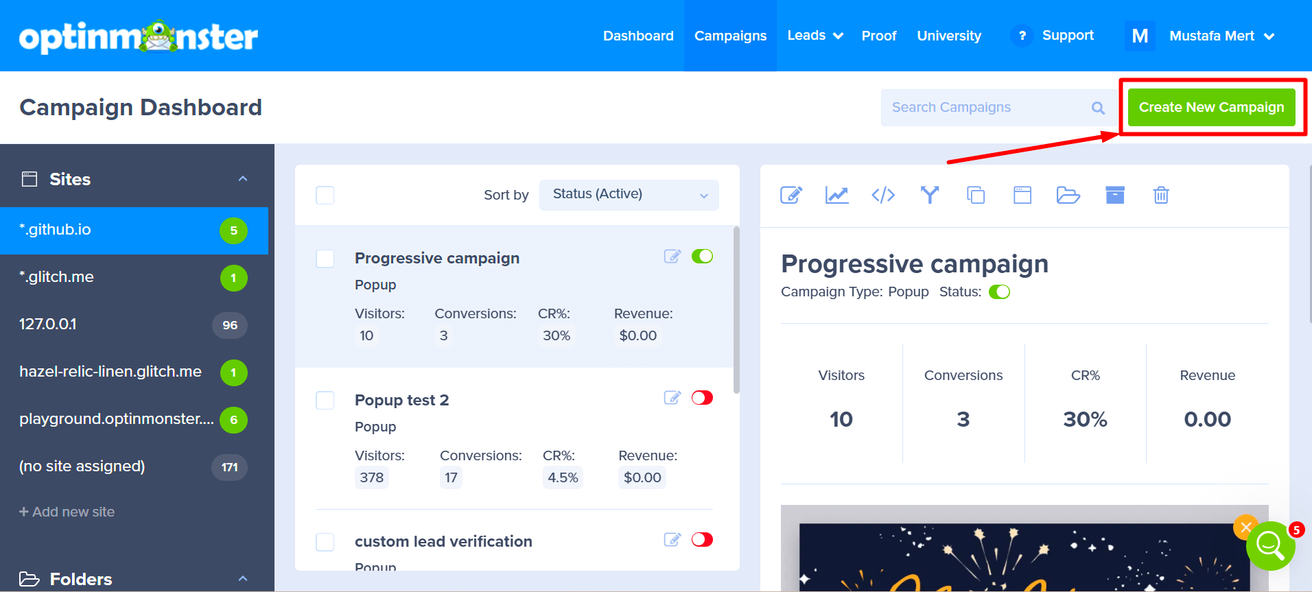 The Create New Campaign button on the OptinMonster dashboard.