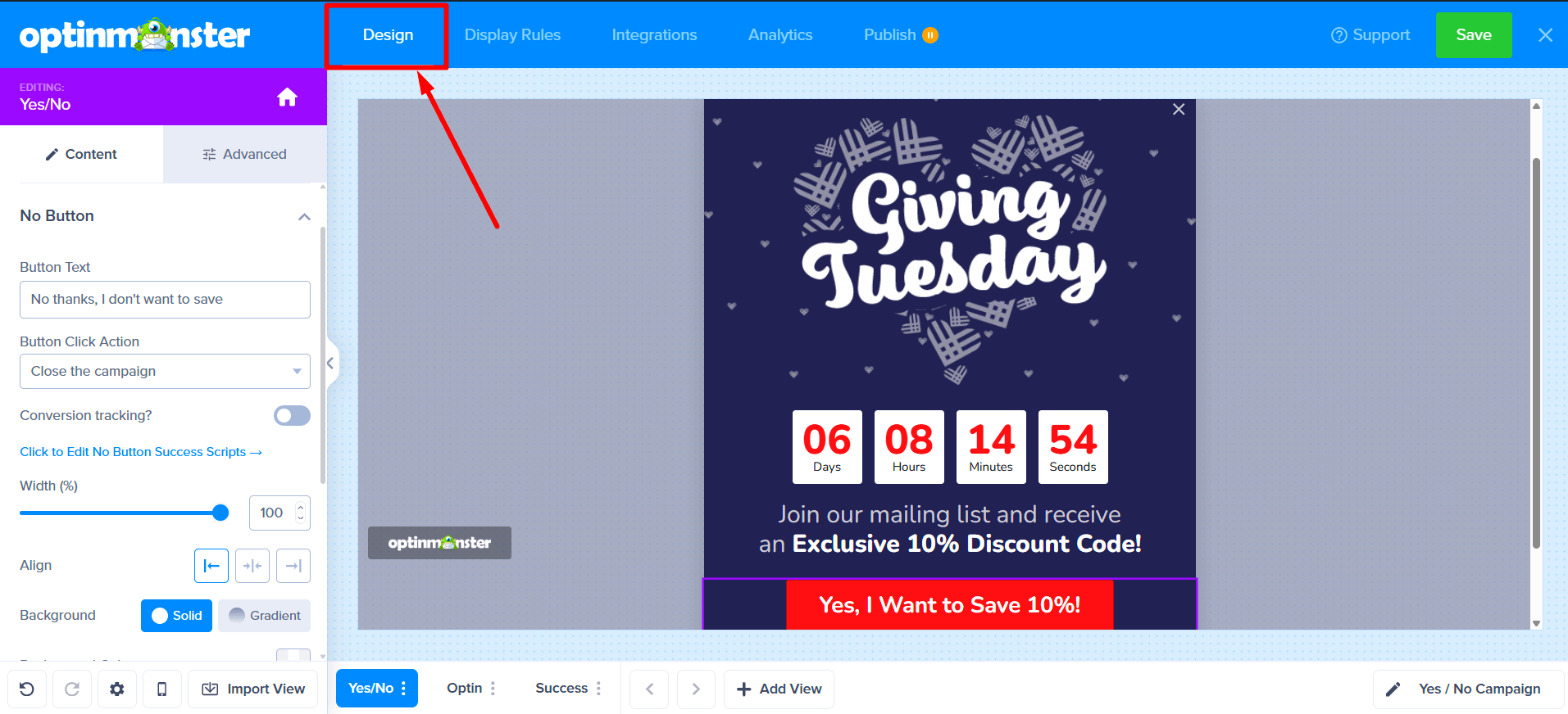 Design view with Yes / No tab highlighted in bottom toolbar.