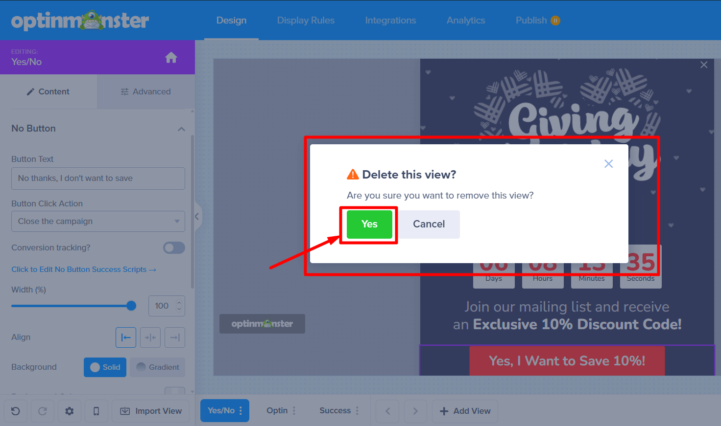 Confirmation prompt to delete the Yes / No view, with 'Yes' button highlighted.