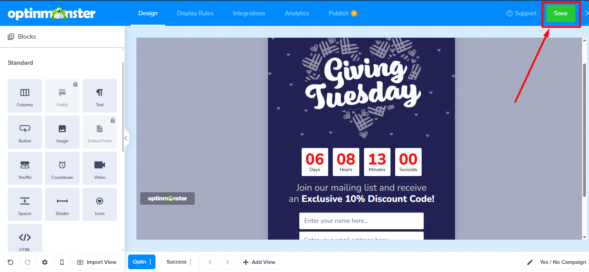 Save button in the top right corner after deleting a view.