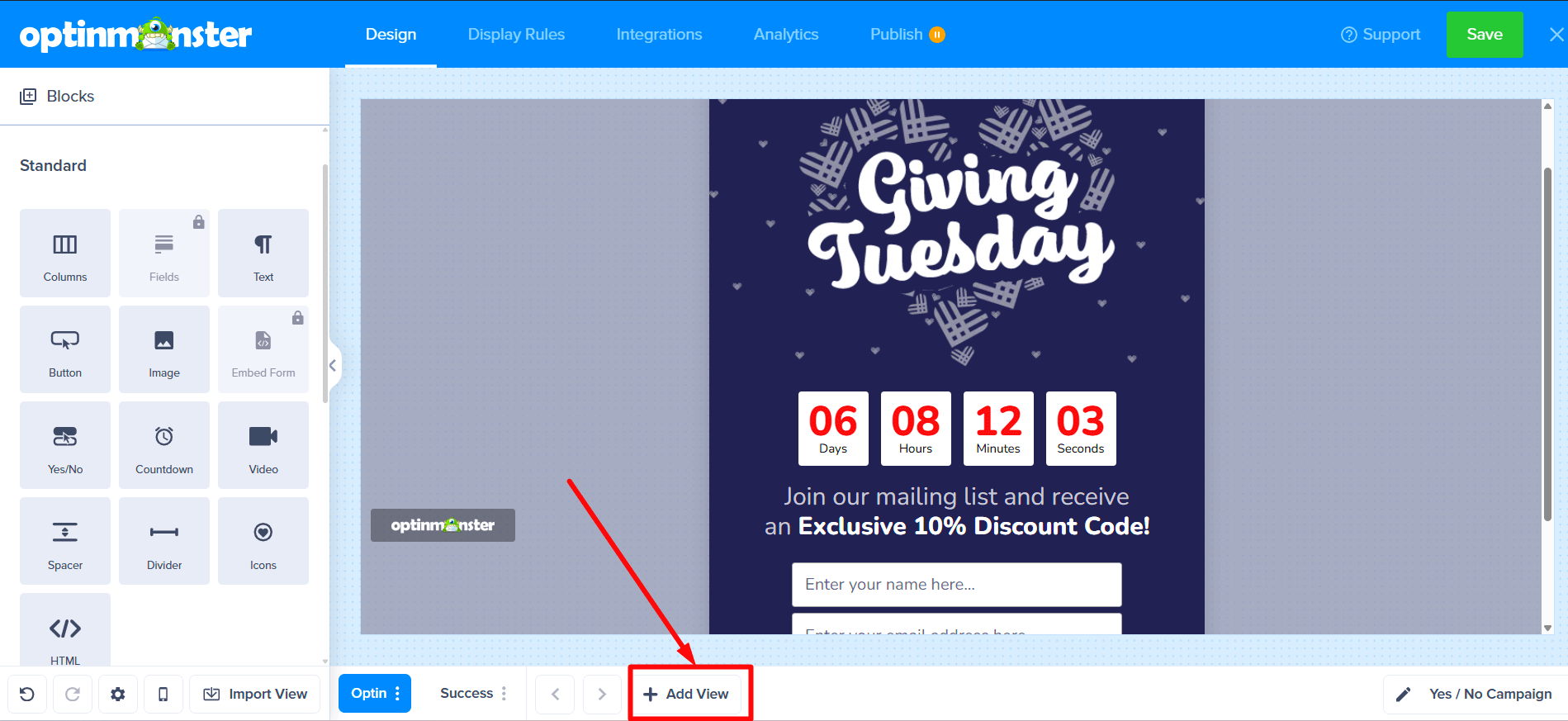 Adding a new view to the campaign by clicking the '+ Add View' button.