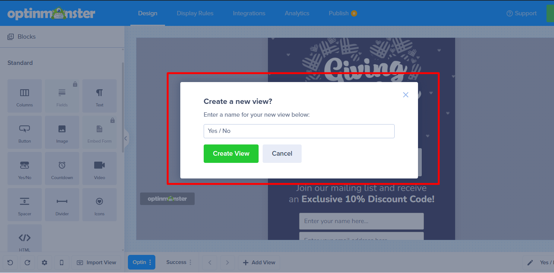 Naming the new view 'Yes/No' in the creation popup.