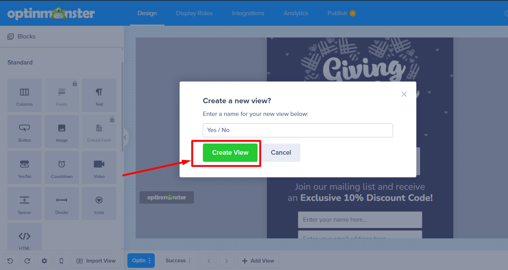 Finalizing the new view creation by clicking the 'Create View' button.