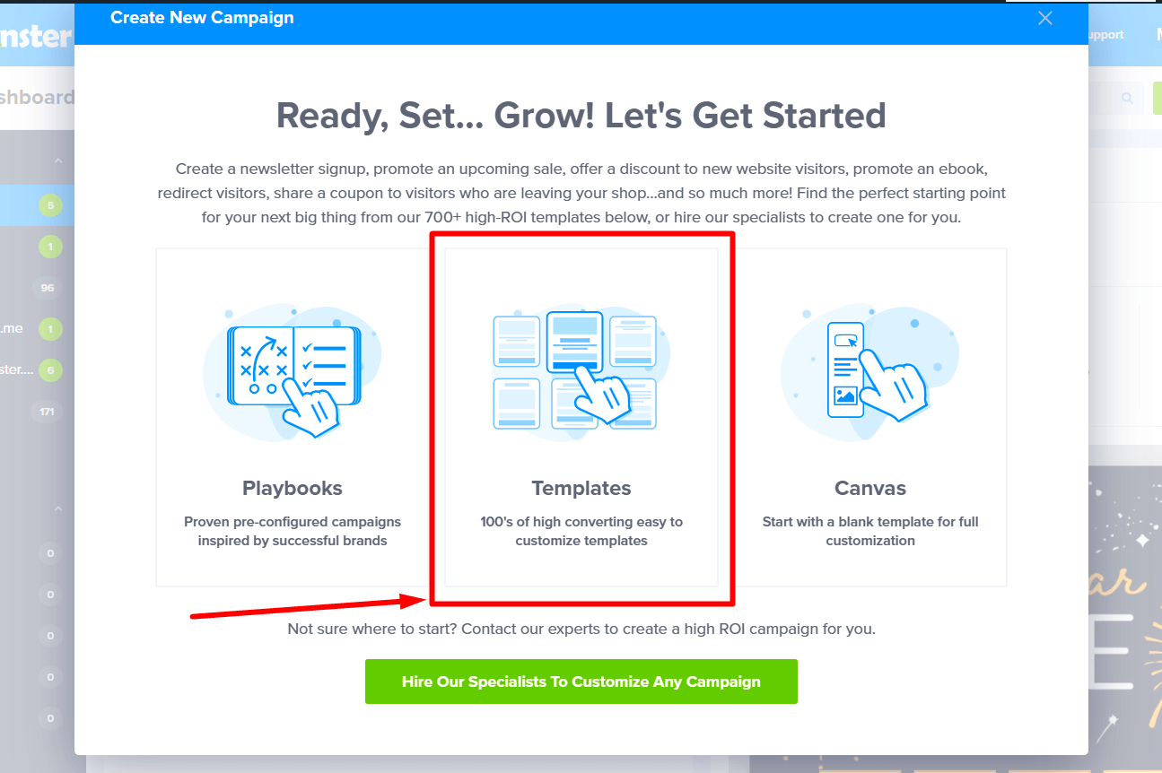 Selecting 'Templates' in the campaign creation popup.