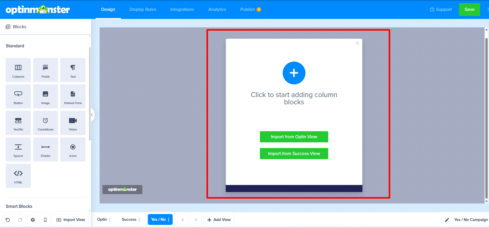 A new blank view in the campaign builder, with options to start from scratch or import a design.