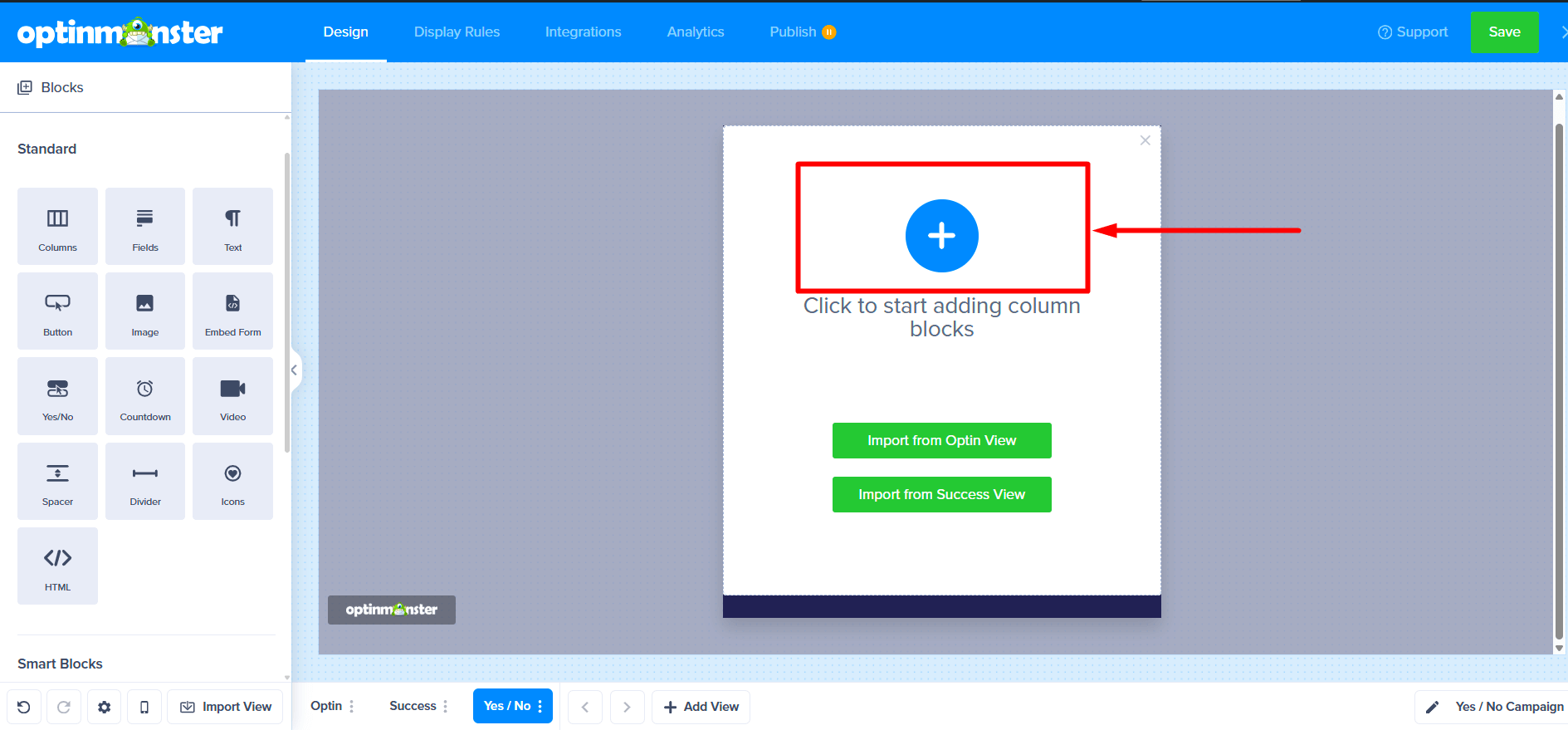 Clicking the plus icon to add a block to the blank view.