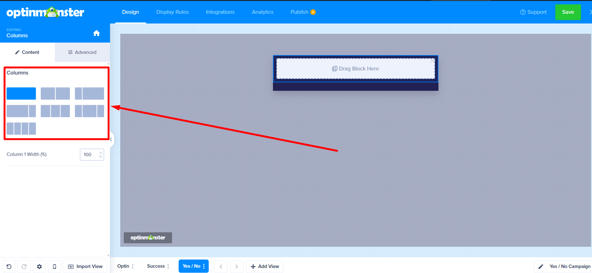 Selecting a column layout for the new view.