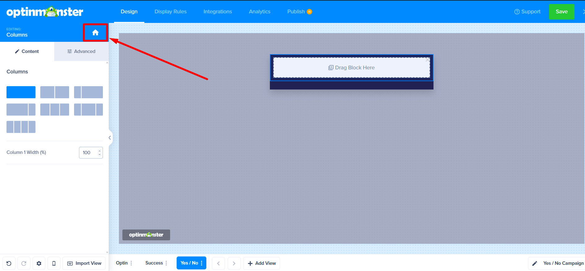 Accessing the block elements by clicking the home icon in the sidebar.