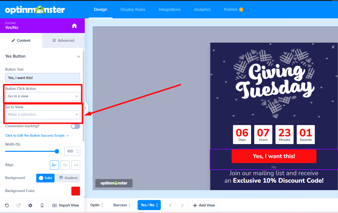 The 'Go to View' action is selected, but a specific view has not yet been chosen.