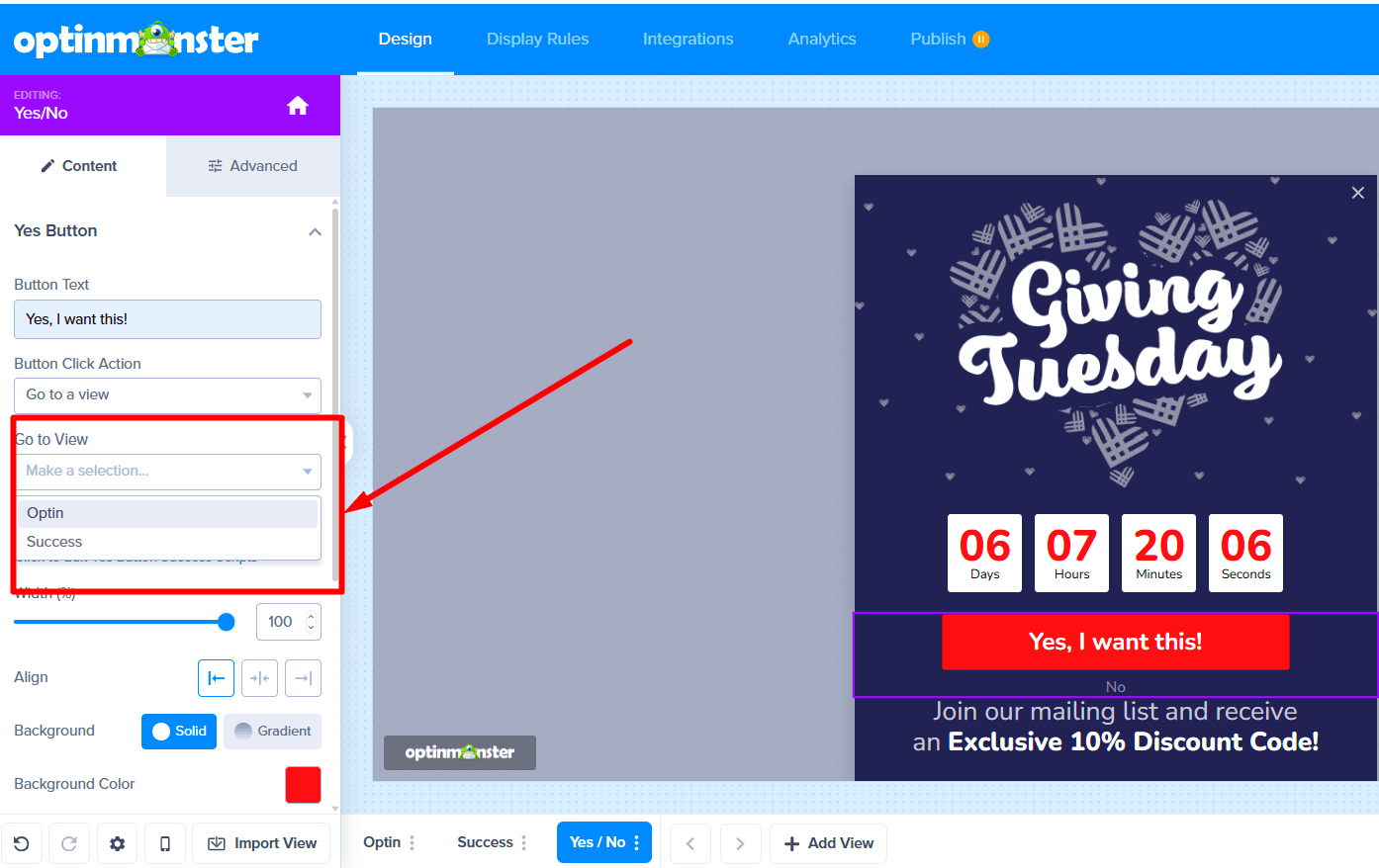 Assigning the 'Optin' view as the destination for the 'Yes' button click.
