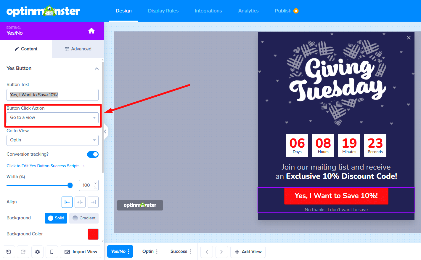 Button Click Action set to 'Go to a view' in sidebar settings.