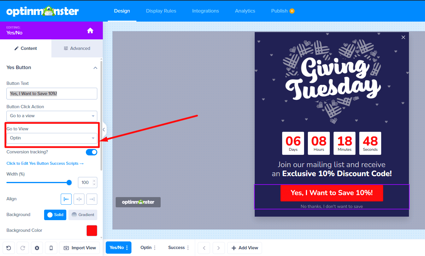 Go to View dropdown set to Optin view.