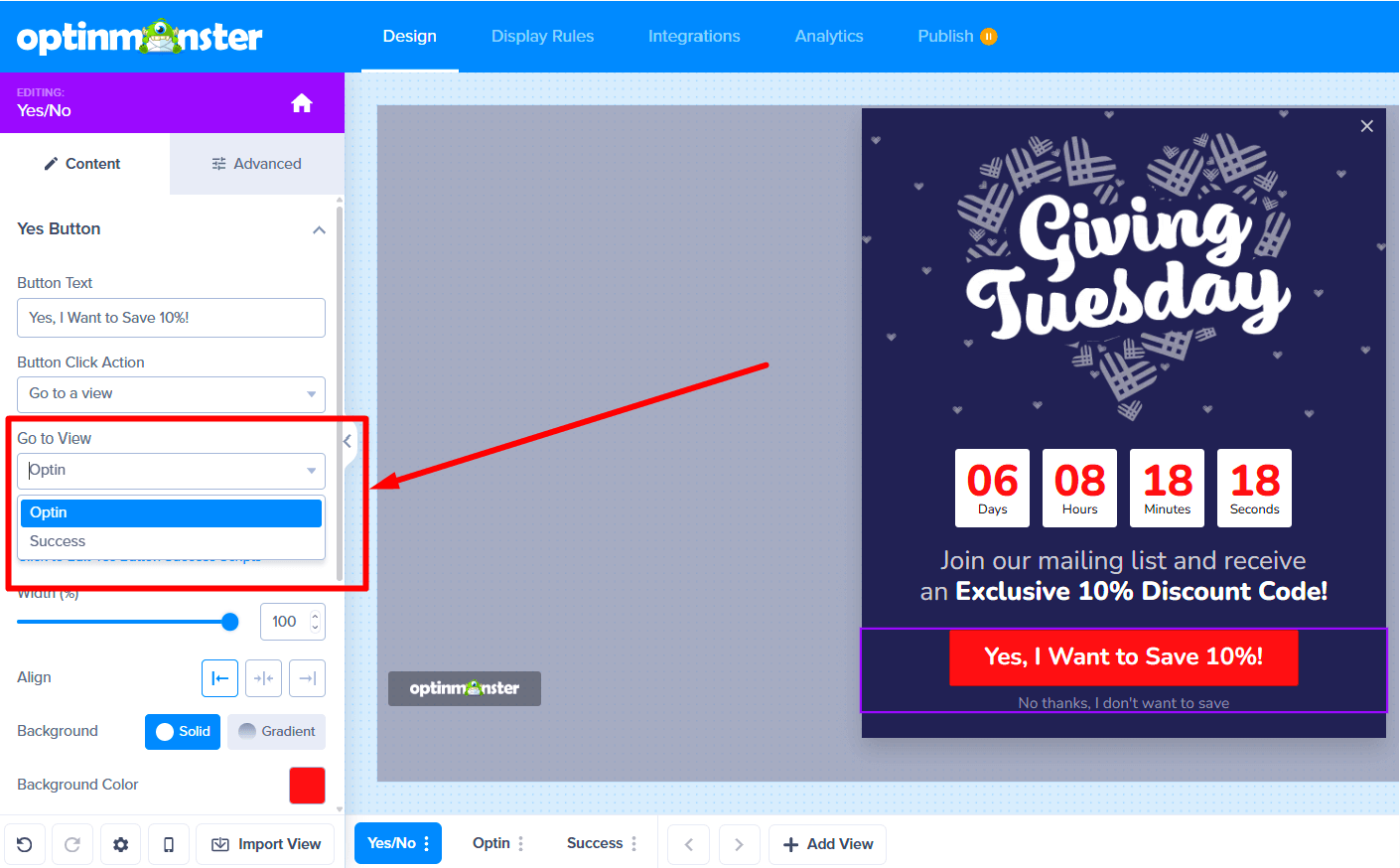 Dropdown menu to select a different view for 'Yes' button action.