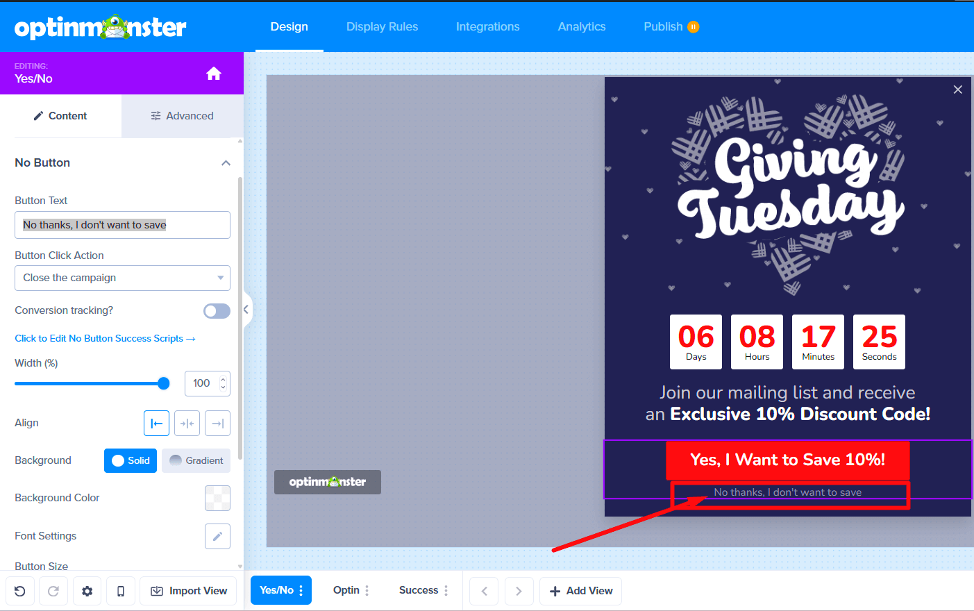 Clicking the No button to open its settings in the builder.