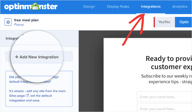 add new integration to optinmonster campaign