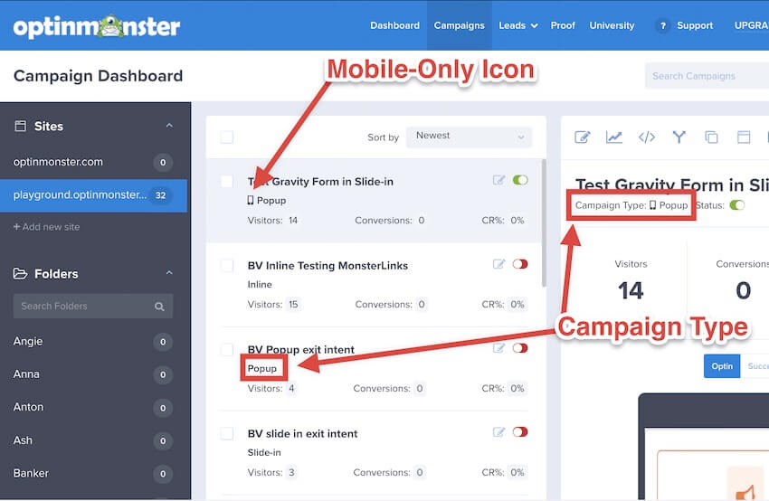 Campaign type indicators in the OptinMonster Campaigns screen.