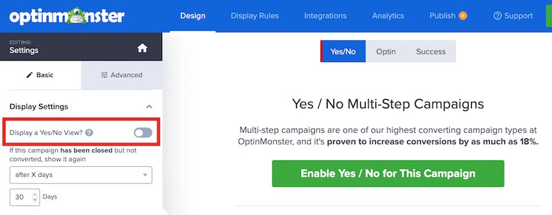 Disabled Yes / No view in the campaign builder.