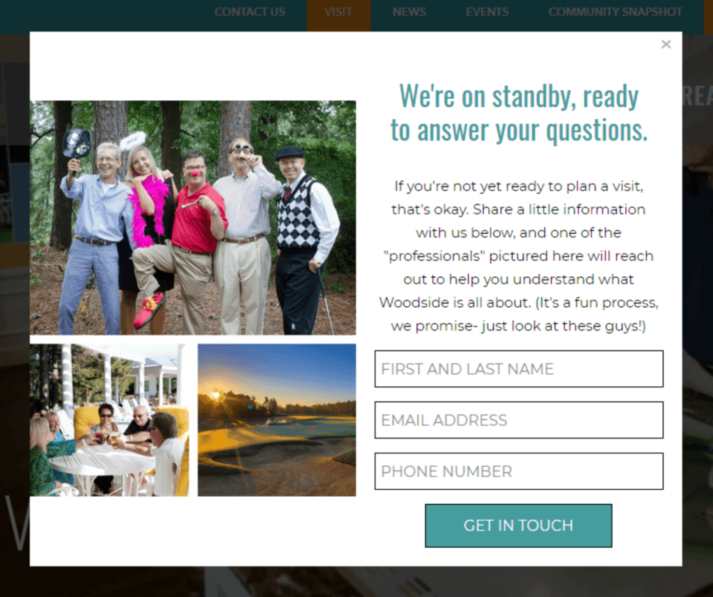 Popup form example from Woodside Communities' website for real estate lead generation, featuring a friendly group photo with the message, 'We're on standby, ready to answer your questions.' The form invites users to enter their name, email address, and phone number and says that one of the people in the photo will reach out.