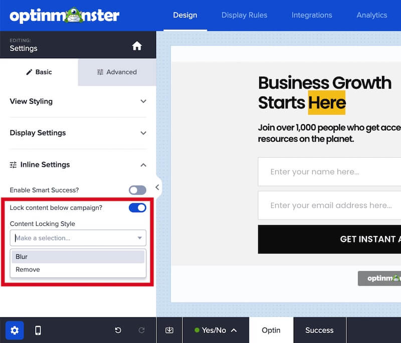 Enable content blocking for your Inline campaign in OptinMonster.