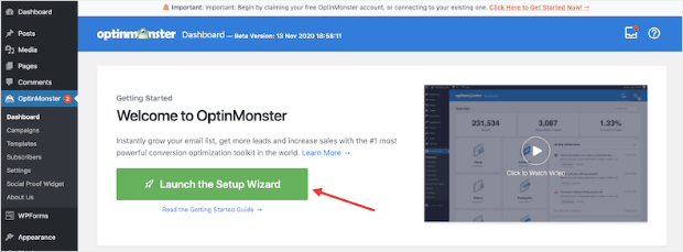 launch optinmonster setup wizard