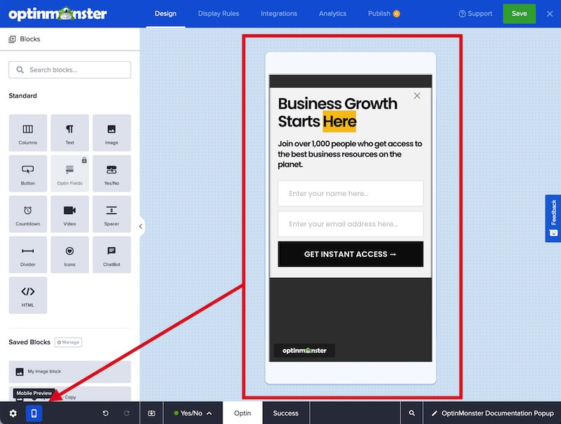 Mobile preview in OptinMonster's campaign builder.