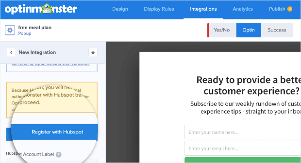 register optinmonster with hubspot