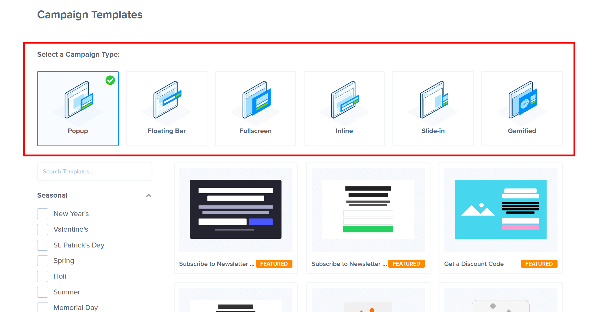 Selecting the Popup campaign type from the options.