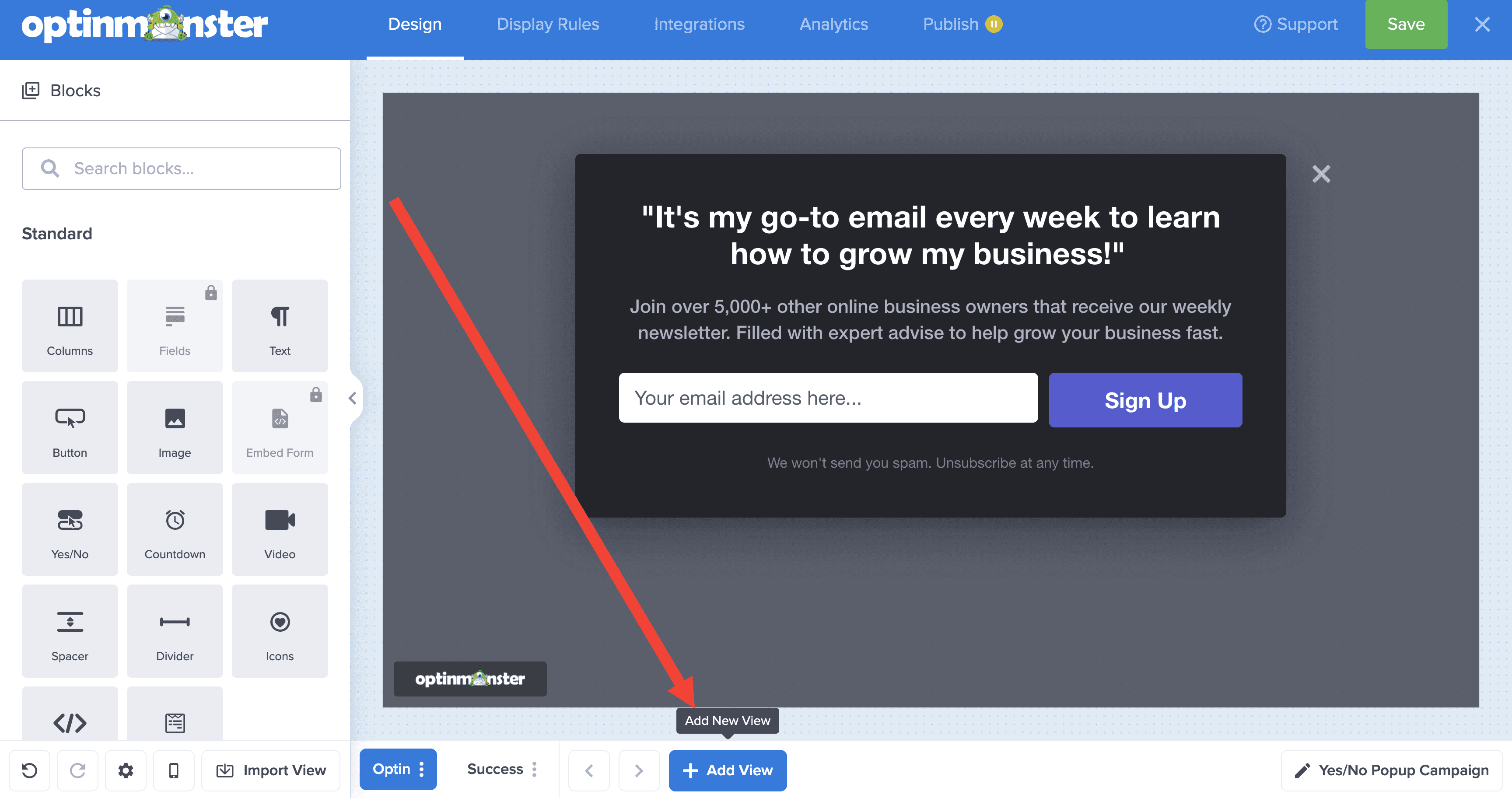 select add new view option - OptinMonster