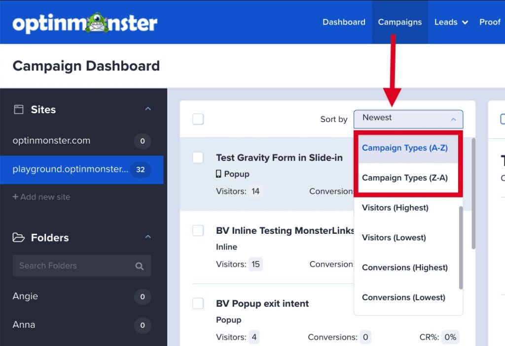 Sort OptinMonster campaigns by their type.