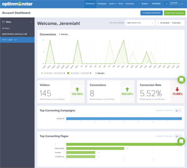 optinmonster dashboard with conversion rate