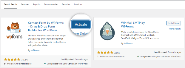 Activate WPForms plugin button
