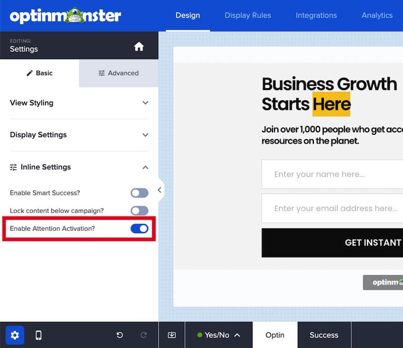 Enable Attention Activation for your Inline campaign in OptinMonster.