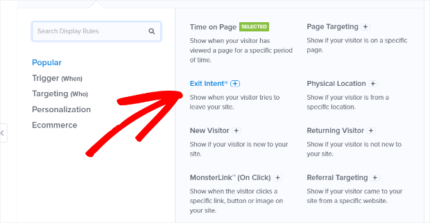 Select Exit Intent Targeting Rule