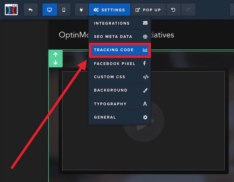 Select the Tracking Code option from the Settings menu when editing your ClickFunnels funnel to add OptinMonster.