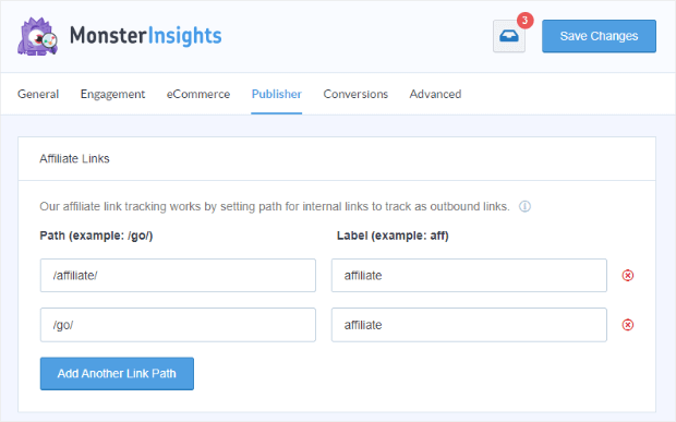monsterinsights affiliate tracking path