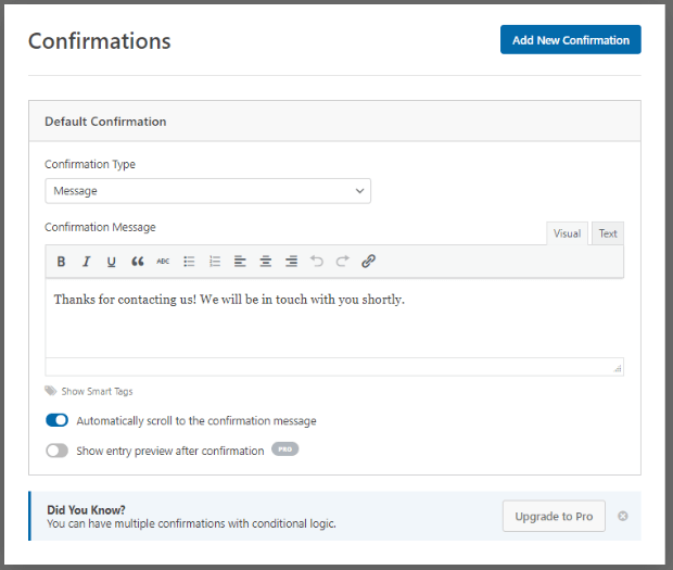 wpforms confirmation settings