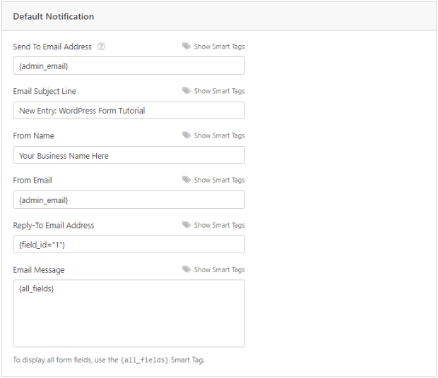 wpforms notification settings