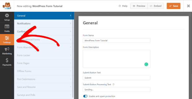 wpforms settings