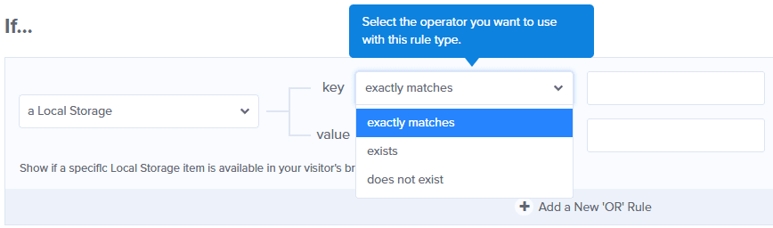 Local Storage display rule key and value settings in OptinMonster.