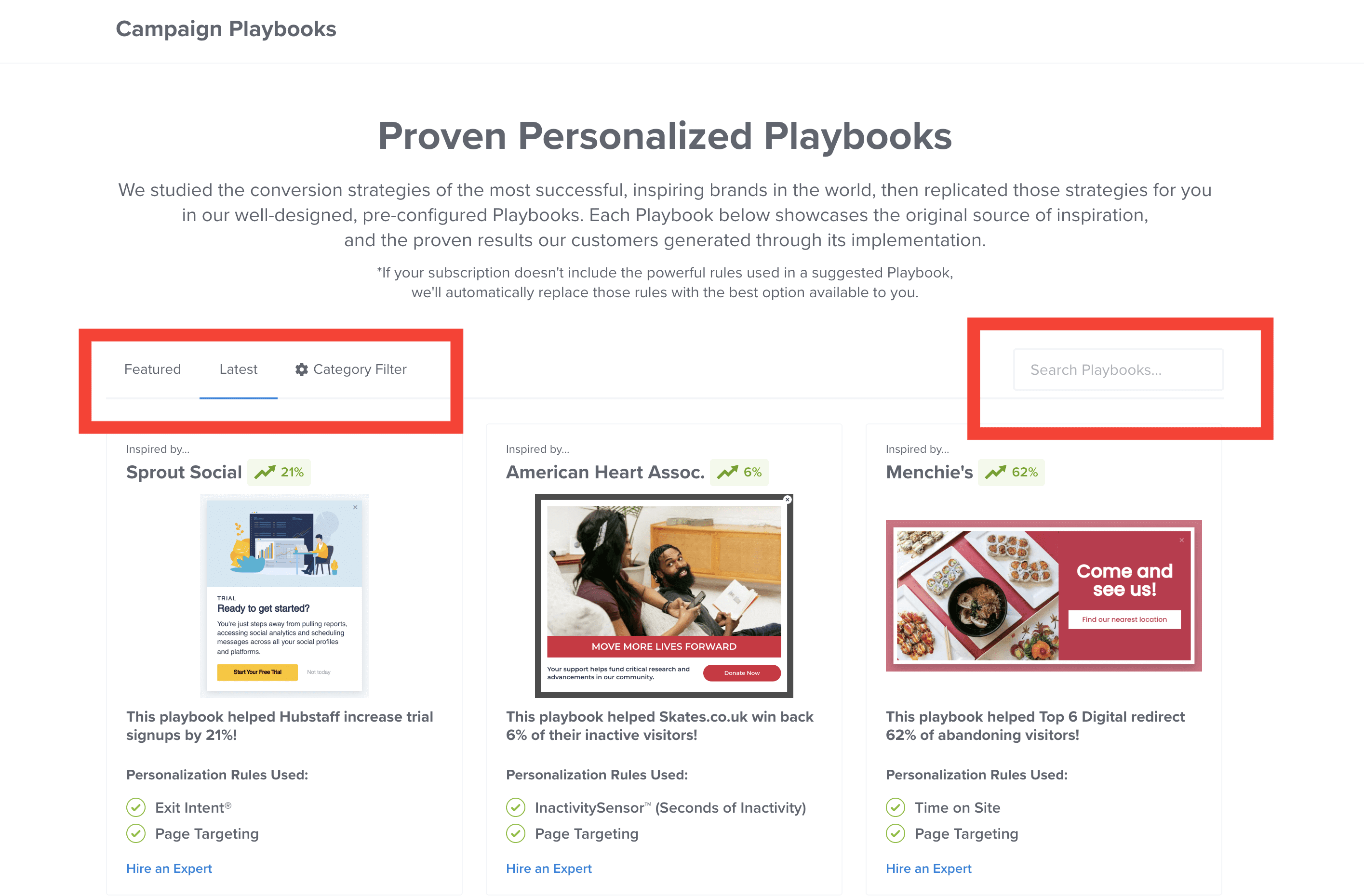 Search sort or filter available Playbooks in OptinMonster when creating a new campaign