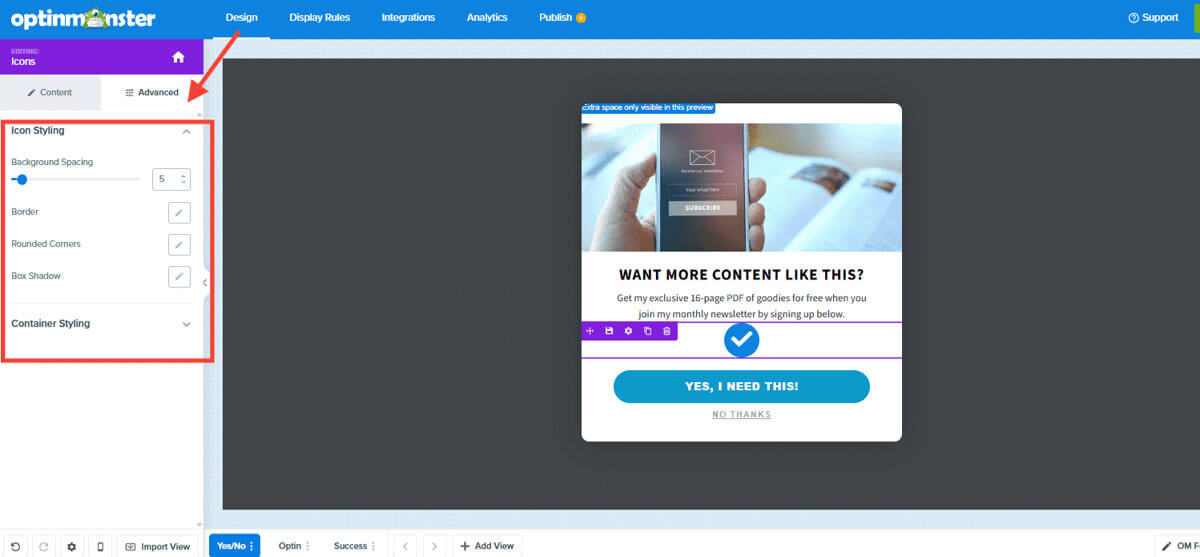 I con block advanced tab