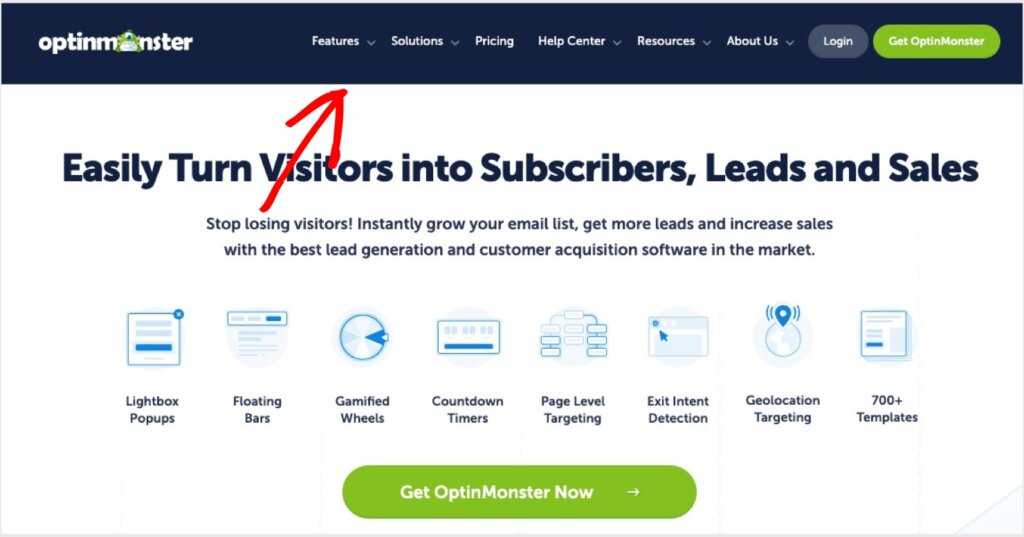 The header of OptinMonster's website. The OptinMonster logo is to the left. There are expandable links to Features, Solutions, Pricing, Help Center, Resources, and About Us. To the right, there's a gray button that says "Login" and a bright green button that says "Get OptinMonster"