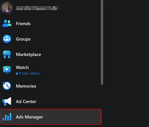 Facebook ads manager from homepage