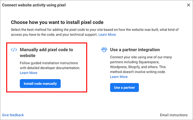Manually add Facebook pixel code to website