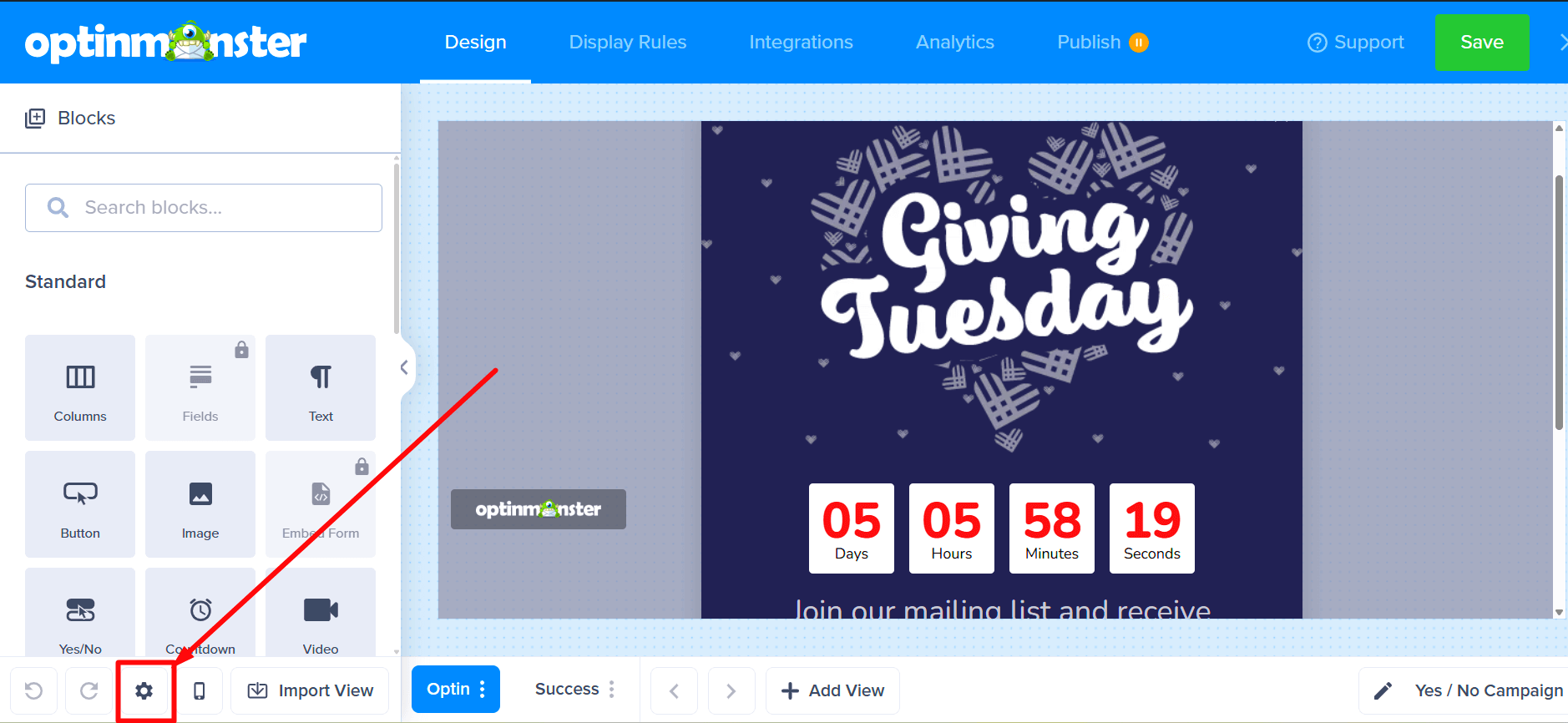 Open the campaign settings from the footer toolbar in OptinMonster.