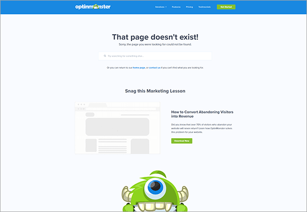 Custom 404 page that redirects users to home page, contact page, and lead magnet