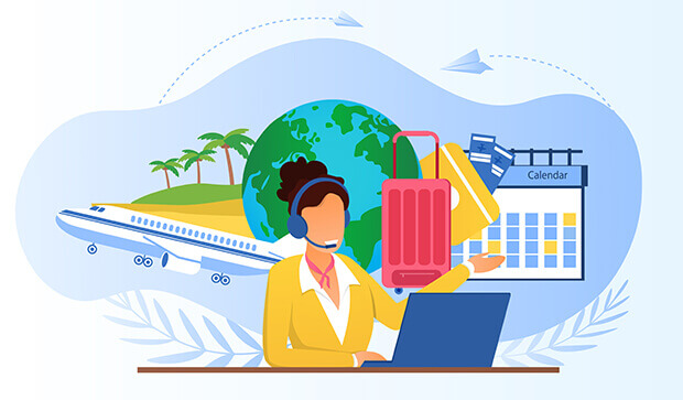 Un agente de viajes en un auricular con un fondo de un globo terráqueo, una maleta y un avión