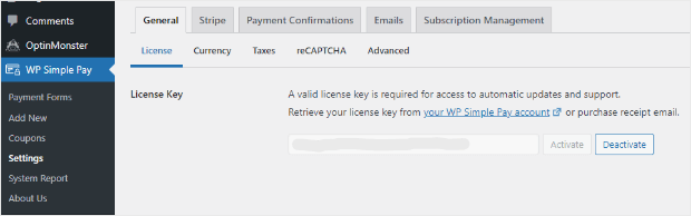 wp simple pay license